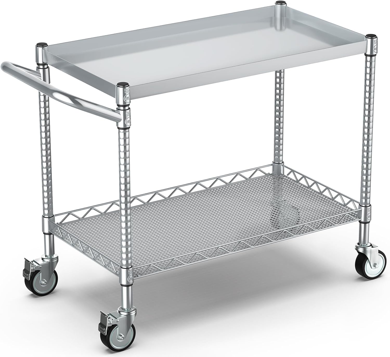 Commercial Kitchen Warehouse - 2-Tier Silver Metal Rolling Utility Storage