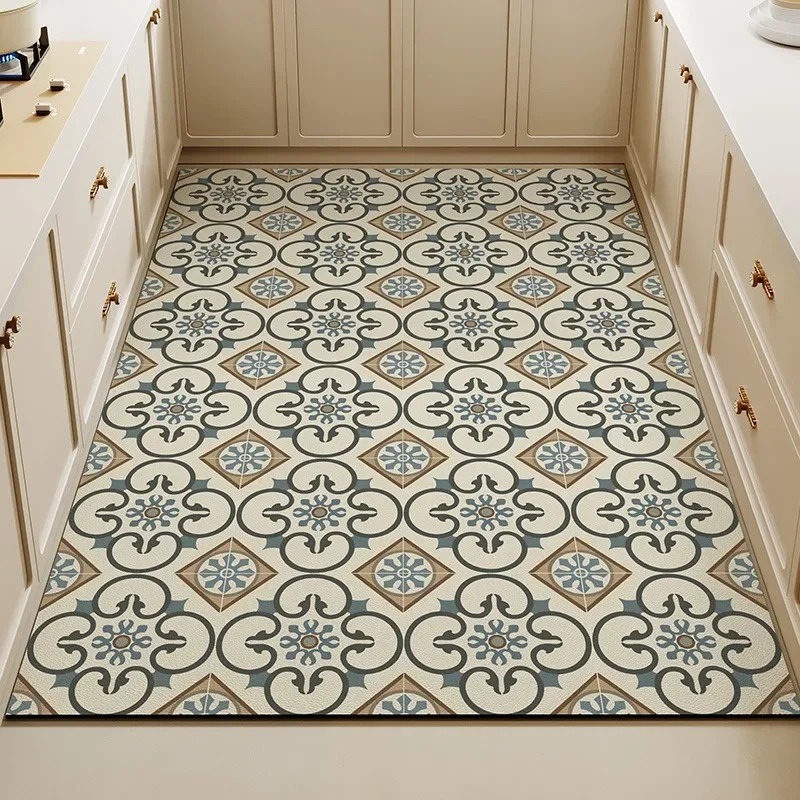 Commercial Kitchen Tile Flooring - Vintage Floral Tile Print Kitchen Floor